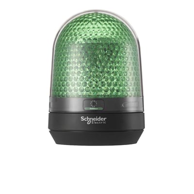 Grøn Schneider Electric XVR3 signallampe med indbygget LED lys, set fra siden på en ren hvid baggrund.