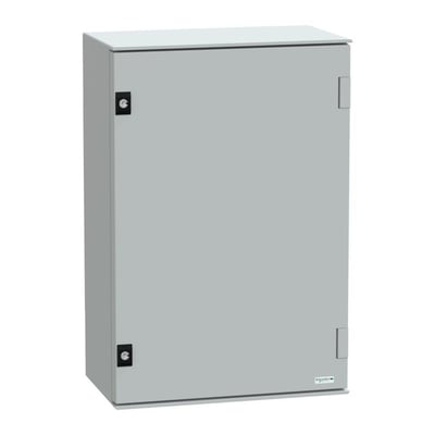 Schneider Electric PLM64 vægskab i RAL7035, 647x436x250 mm, med tydelig logo på fronten.