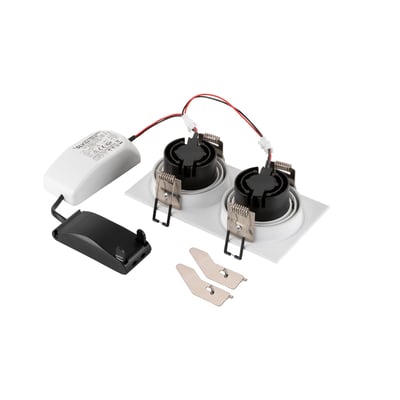 Komplet SLV NEW TRIA downlight sæt med hvid ramme, to lyskilder og tilhørende driver og monteringsdele.