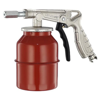 Sandblæsepistol med en 1 liters rød beholder og et sølvfarvet metalhåndtag med sort greb, klar til brug på hvid baggrund.
