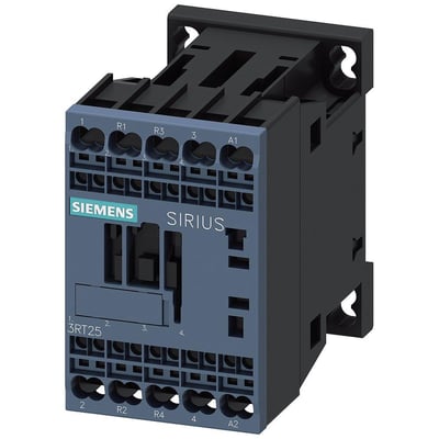 Siemens Sirius 4-polet effektkontaktor til 5,5 kW og 24V AC, med 2NO/2NC kontakter og fjederklemmer.