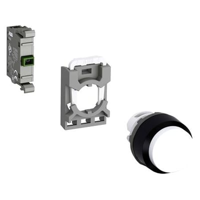 ABB trykknap MP1-40W-10 komponenter: en grå kontaktmodul, en grå monteringsramme og en hvid trykknap med sort kant.