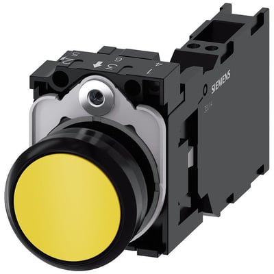 Siemens 22mm trykknap i gul plastik med 1NO1NC og fjederterminal, vist med bagvedliggende modul på hvid baggrund.