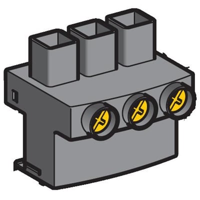 Illustration af Schneider Electric klemmetilslutning GV1-G09 med gul markering i de cirkulære åbninger.