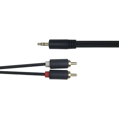 Sort Deltaco-lydkabel på 1 meter med 3,5 mm jackstik i den ene ende og to RCA-stik i den anden.