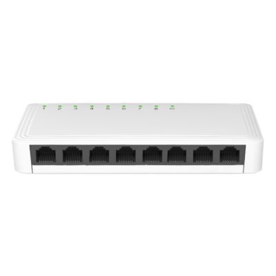 Hvid Safire desktop-switch med PoE og 10/100/1000 Mbps-hastighed, set forfra med netværksporte.