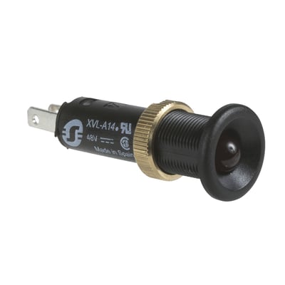 Schneider Electric lysdiode Ø8 IP40 med LED og sort bezel, 48VDC, rød, monteret på hvid baggrund.