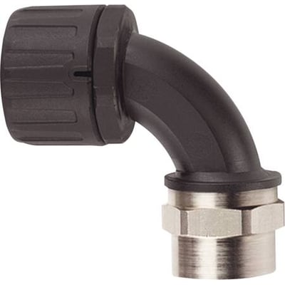 HellermannTyton sort 90° forskruning med 13mm hul og PG9 gevind, fremstillet af PA66 plast og metal.