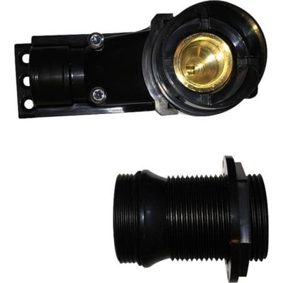 Dette billede viser en delbar koblingsdåse i sort plast med en indvendig messingdel og Torx 20 skruer, samt et separat monteringsrør med gevind.