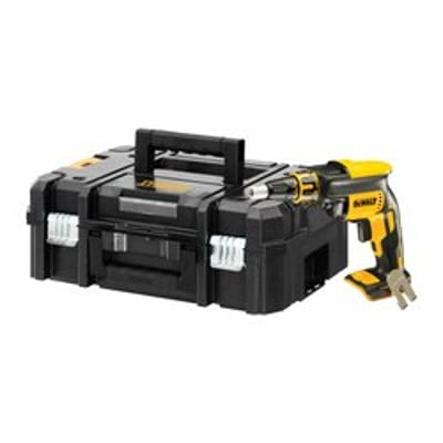 DeWalt 18V XR gipsskruemaskine med TSTAK-værktøjskasse, vist fra siden på en hvid baggrund.