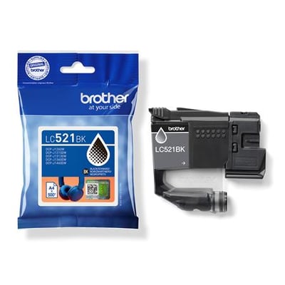 Brothers sorte LC521BK-blækpatron ses ved siden af den blå originalemballage med modelnavnet tydeligt.
