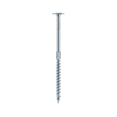 Nærbillede af en Eurotec tallerkenskrue 8,0 x 200 mm, der viser det karakteristiske tallerkenhoved og den el-galvaniserede overflade.