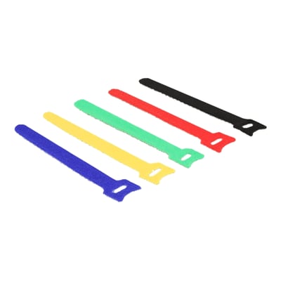 DeLock velcro strips i assorterede farver, 150 x 12 mm, pakke med 10 stk. til kabelstyring på hvid baggrund.