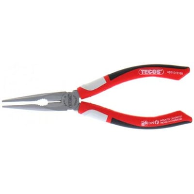 Spidstang med lige, halvrunde kæber og 3K greb i rød og sort, 160 mm lang og mærket TECOS.
