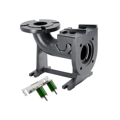 Grundfos DN65 autokobling til spildevandspumper med synlige skruehuller og grønne komponenter.