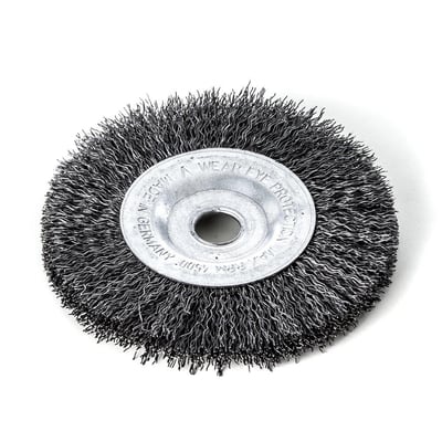 Spånbørste i bølget ståltråd, 100mm diameter og 12mm huldiameter, ideel til bænksliber.