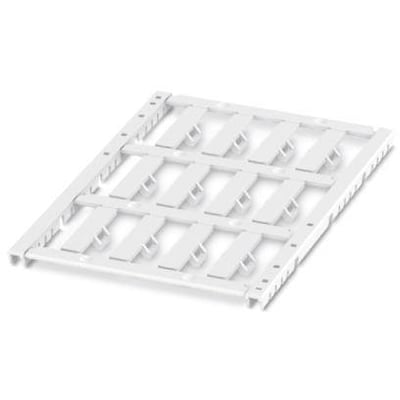 Phoenix Contact UCT-WMTBA hvidt kabelmærkeskilt med 12 enkeltskilte og skriftfelt på 29 x 6 mm, vist på hvid baggrund.