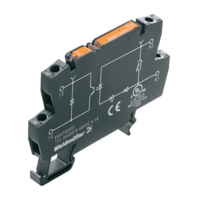 Weidmüller solid-state-relæ til 230 V AC med RC-element, 5–48 V DC og skruetilslutning, set skråt forfra.