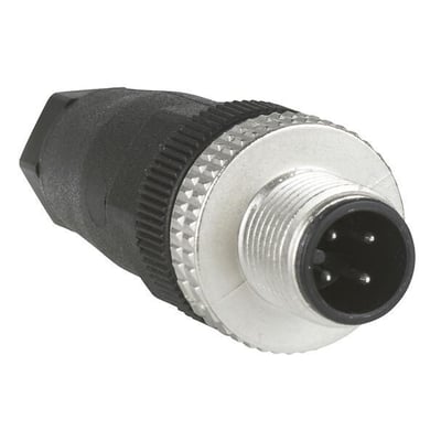 Lige 4-polet M12-hanstik fra Telemecanique Sensors med gevindtilslutning og sort kabelindføring, model XZCC12MDM40BJ.