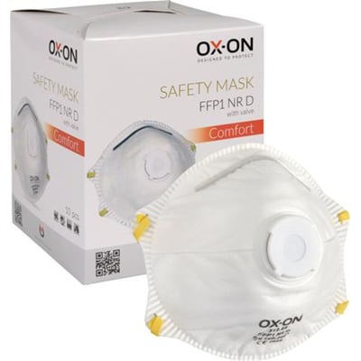 Boisen Safety FFP1 NR D-støvmaske med ventil foran æsken med OX-ON-logo og produktillustration.