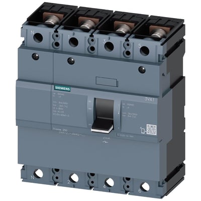 Siemens 4-polet maksimalafbryder 3VA1 med 250A mærkestrøm og SD100 udløser i grå plastikhus, vist fra siden.