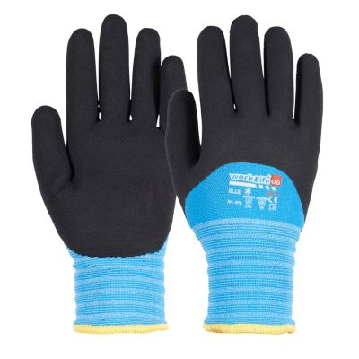 OS Blue vinterhandske i størrelse 10 med sort polyesteroverdel og blå akrylforing med ribstrikket manchet og gul kant.