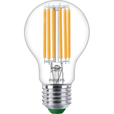 Nærbillede af Philips Master Ultra Efficient LED pære, detaljeret visning af E27 sokkel og klare filamenter.