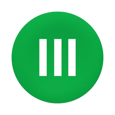 Schneider Electric grøn trykflade med hvidt symbol "III", designet til Ø30 mm flush trykknaphoveder.