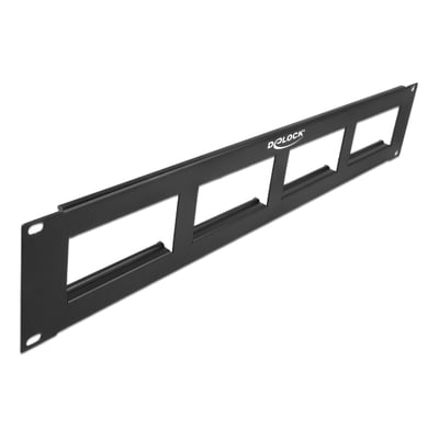 Sort DeLock Easy 45 patchpanel til 19″ rack i 2U med fire rektangulære udskæringer, set skråt forfra.
