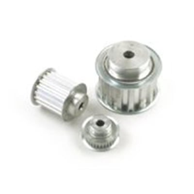 Tre tandremskiver i aluminium, alle med T5 tandprofil og 10 mm rembredde, set på hvid baggrund.