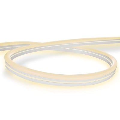 Fleksibel LEDlife Neon Flex LED-strip i varm hvid, der bøjer sig i en cirkel på en neutral baggrund.