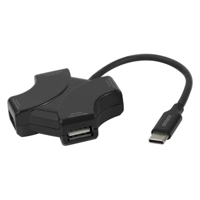 Deltaco USB-C hub med fire USB-A porte og 480 Mbps dataoverførsel, vist på hvid baggrund.