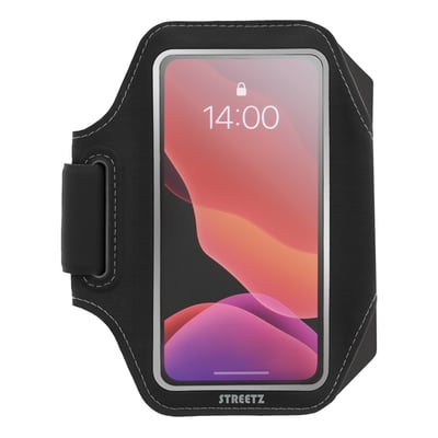Sort STREETZ-sportsarmbånd med gennemsigtig telefonlomme til smartphone med 5,5-6,5-tommers skærm, vist forfra.