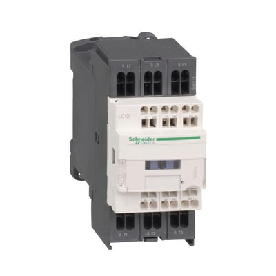 Schneider Electric TeSys D kontaktor med 3 faser, 12A strøm og 115 VAC spole, vist med tilslutningsterminaler og hjælpekontakter.
