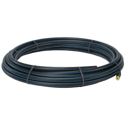 Uponor 90 mm PE100RC PN16 SDR11 rør i sort med blå stribe, rullet op på hvid baggrund, 50 meter lang.
