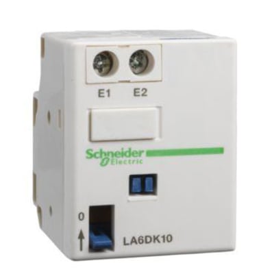 Schneider Electric mekanisk indkoblingslås LA6DK10 til 110/127V AC/DC, hvid med grøn logo og blå detaljer, monteret på din baggrund.