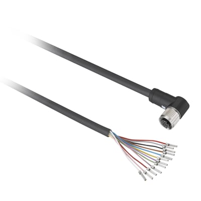 Schneider Electric XZCP 8P M12 PUR sensorkabel på 5 meter med en vinklet hun-tilslutning og afisolerede ledninger.