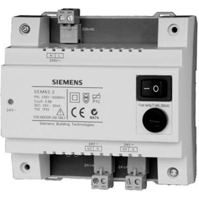 Siemens SEM62.2 transformer med 30VA kapacitet, 230/24VAC, udstyret med on/off kontakt, sikring og monteringsmulighed.