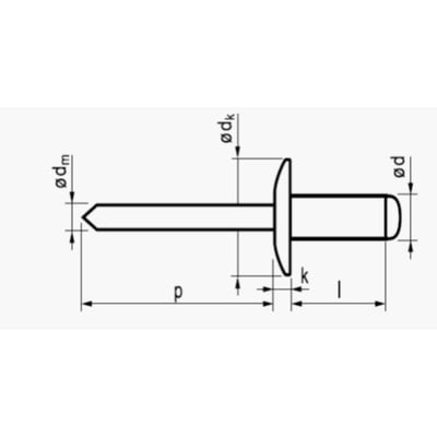 Teknisk tegning af 4,8X26 alu/st nitte med rund og stort hoved, med mål angivet på hvid baggrund.