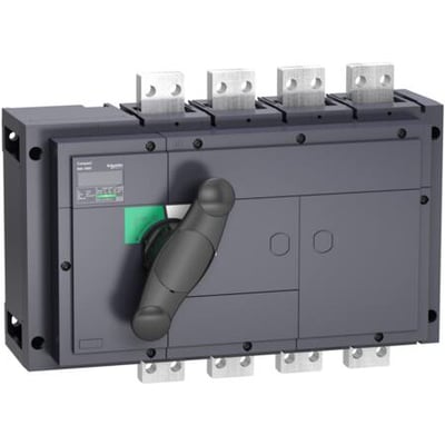 Schneider Electric 4-polet lastadskiller INS800 med sort drejehåndtag og synlige terminaler, vist på grå baggrund.