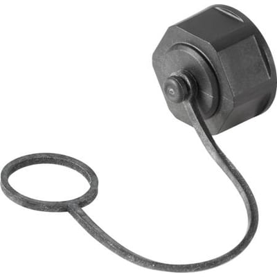 Weidmüller beskyttelseshætte IE-BP-V01P i sort PA 6 GF, med fastgjort snor og ring til sikring mod tab.