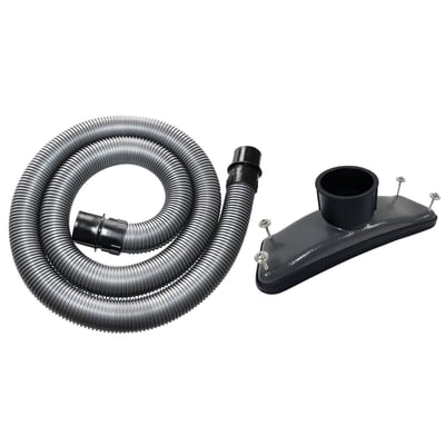 Udblæsningsstuds med 5m slange til Starmix iPulse, Ø49/63 mm. To dele, en grå ribbet slange og en sort studs med skruer.