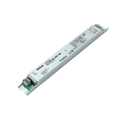 Helvar Casambi Freedom LED driver LL110-FD, 110W, med justerbar strøm 350-750 mA og specifikationer trykt på metalhuset.