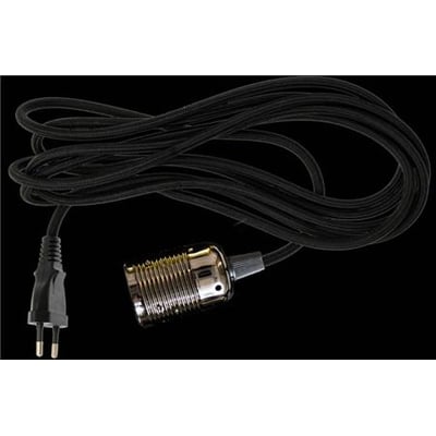 DANLAMP stofledning med sort kabel og kromfarvet E27-metalfatning, vist i løkker med stikenden synlig.
