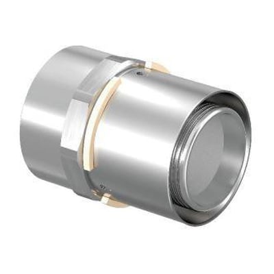 Detaljeret vinkel af Uponor S-Press kobling, viser den indvendige gevindmuffe og 40mm pres-ende.
