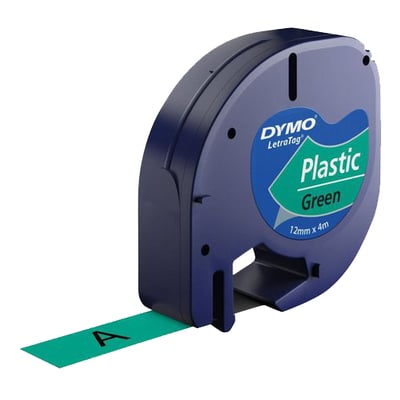 DYMO LetraTag plasttape i grøn kassette med grøn tape og sort tekst, 12 mm bred og 4 meter lang.