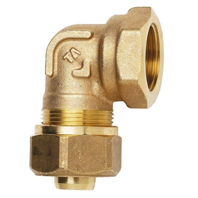 IMI 28 mm x 1" PX vinkel muffe i messing, set fra siden med indvendigt gevind og omløber til Alu/PEX rør.
