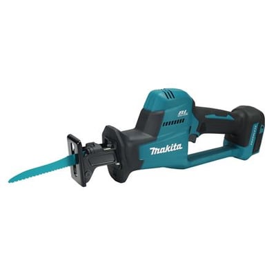 Makita 18V kulfri bajonetsav med bøjlegreb, viser savblad og ergonomisk design med teal og sorte detaljer.