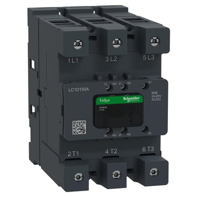 Schneider Electric TeSys Deca Advanced 3-polet kontaktor med 24-60V AC/DC spole, mærket LC1D150A, vist på hvid baggrund.