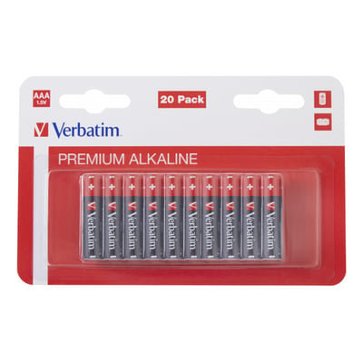 Pakke med 20 stk. Verbatim Premium Alkaline AAA batterier, klar plastemballage med rødt baggrundskort.